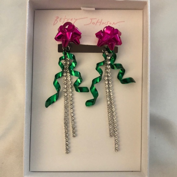 Betsey Johnson Christmas Bow Front Back Drop Earrings Fringe Accents NIB - Picture 3 of 12